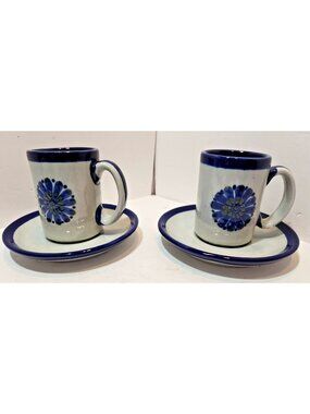 Vtg Ken Edwards Guadalajara Blue El Palomar Coffee Cups & Saucers Set 2 Signed